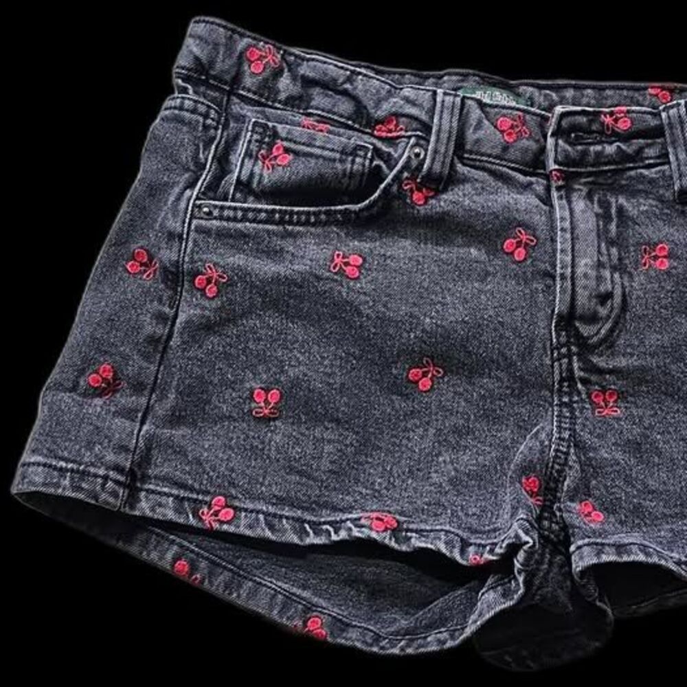 Wild Fable Black Acid Wash Denim Cherry Embroidered High-Rise Shorts Women's S